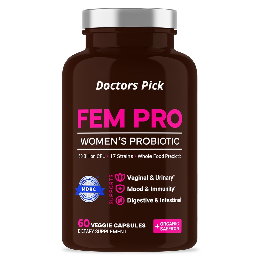 Fem Probióticos para Mujeres. 17 Efectos clínicos para el apoyo vaginal, digestivo e inmunitario, salud del tracto urinario, equilibrio de pH y humedad. 60 cápsulas vegetarianas, suministro de 2 meses