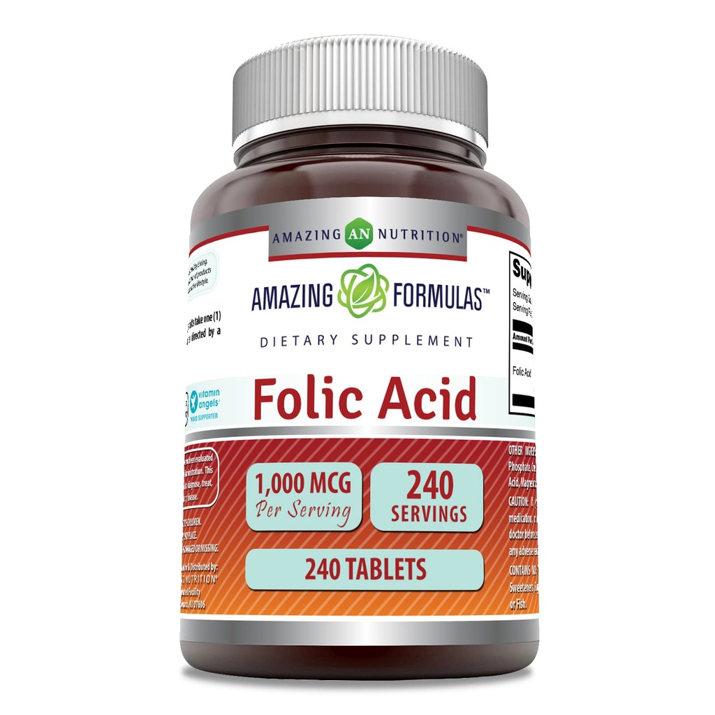 Amazing Formulas Folic Acid 1000 Mcg (1 Mg) tención 240 Tablets Suplemento  Vitamin B9 Silencio No-OMG seguir Gluten Gratis Silencio Made in USA