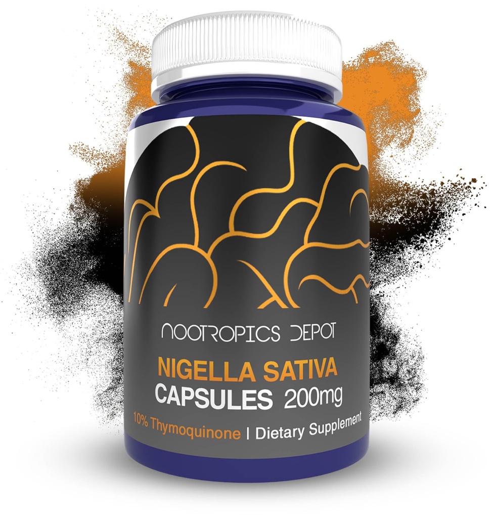 Nootropics Depot Nigella Sativa Extract Capsules TENIDO 200mg TENIDO 60 Conde Silencio Mínimo 10% Timoquinona Contenido Silencioso Aceite de Semillas Negras Extracto ← Soporta Salud cerebral, memoria, salud del hígado y función de la inmune
