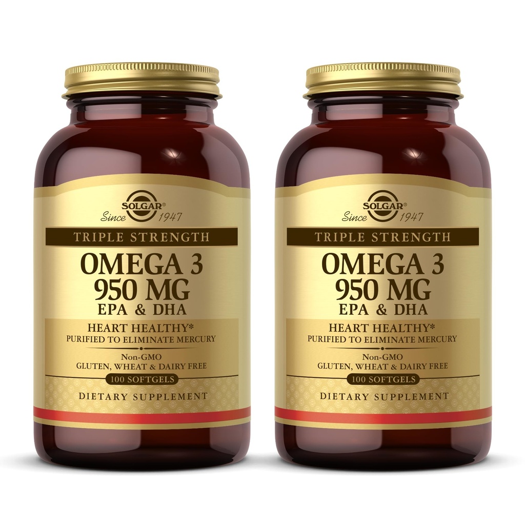 Solgar Triple Strength Omega 3 950 mg - 100 Softgels, Pack de 2 - Soportes Conjunto " Salud de la piel - No GMO, Gluten Gratis, Dairy Gratis - 200 Total Servings