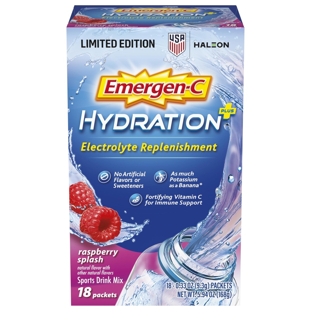 Hidratación Emergen-C mezcla de bebidas deportivas con vitamina C (18 conde, sabor a frambuesa), reposición de electrolitos, 0.33 paquetes de polvo de onza