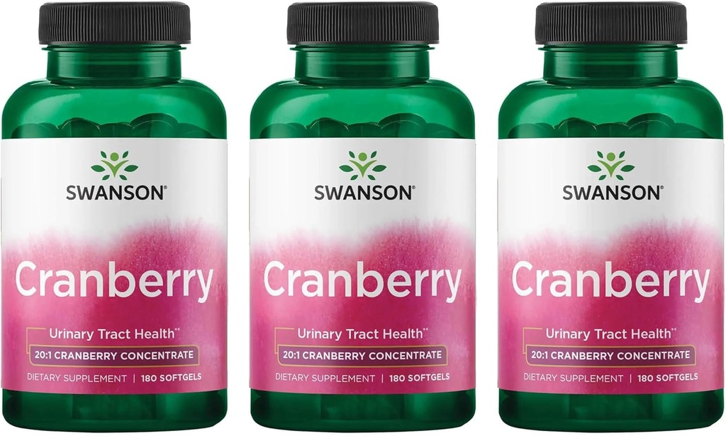Swanson Cranberry - Asistencias Urinary Tract Health, control de vejiga " promueve la función sana del riñón - Suplemento Hecho con 20:1 Cranberry Juice Concentrate - (180 Softgels) 3 Pack
