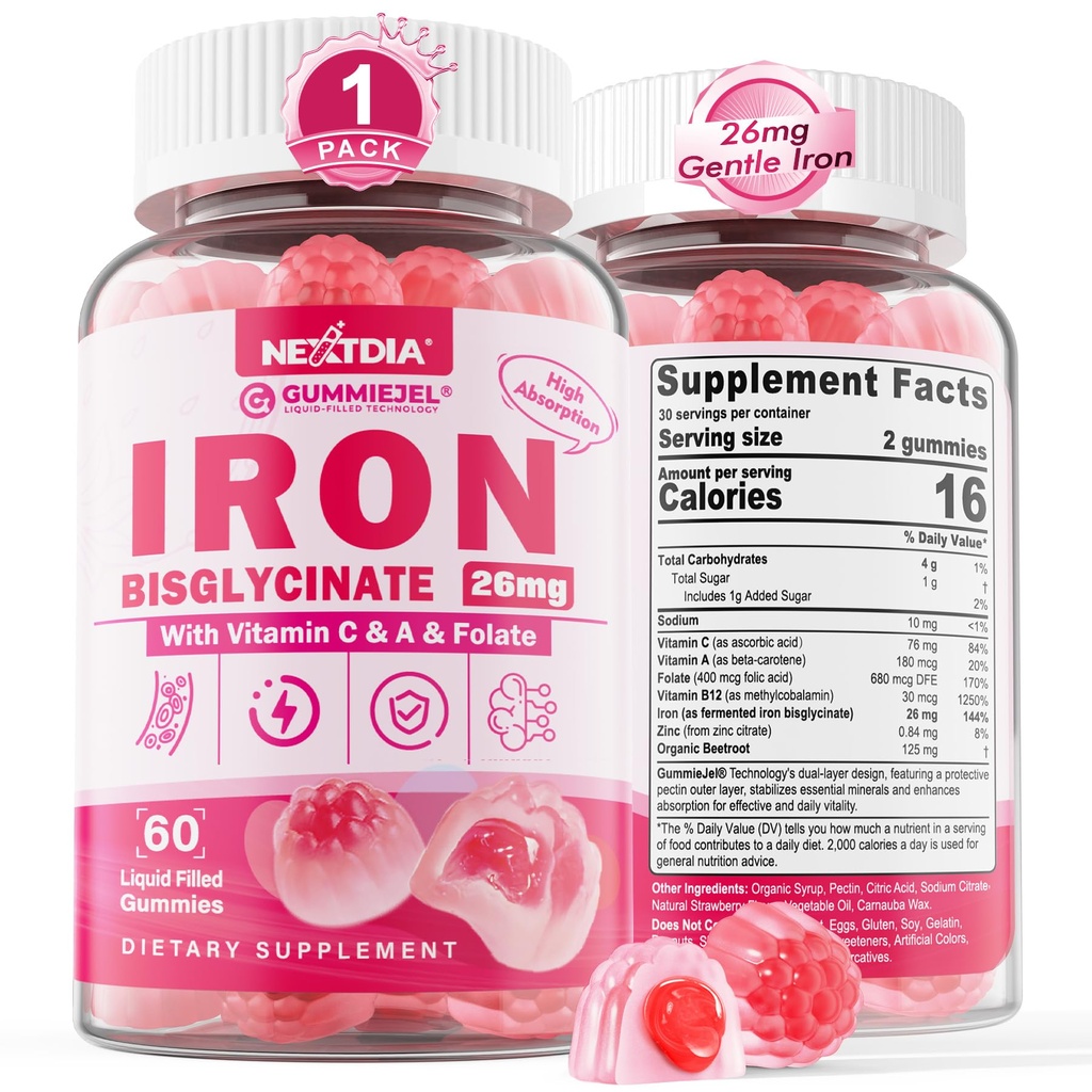 Gummies de hierro para hombres de mujer - Bisglycinate de hierro con folato de vitamina C B12 Zinc para adultos, Hierro suave para la deficiencia de hierro, energía eléctrica, no estreñimiento &amp; después del sabor, sin azúcar 1 paquete