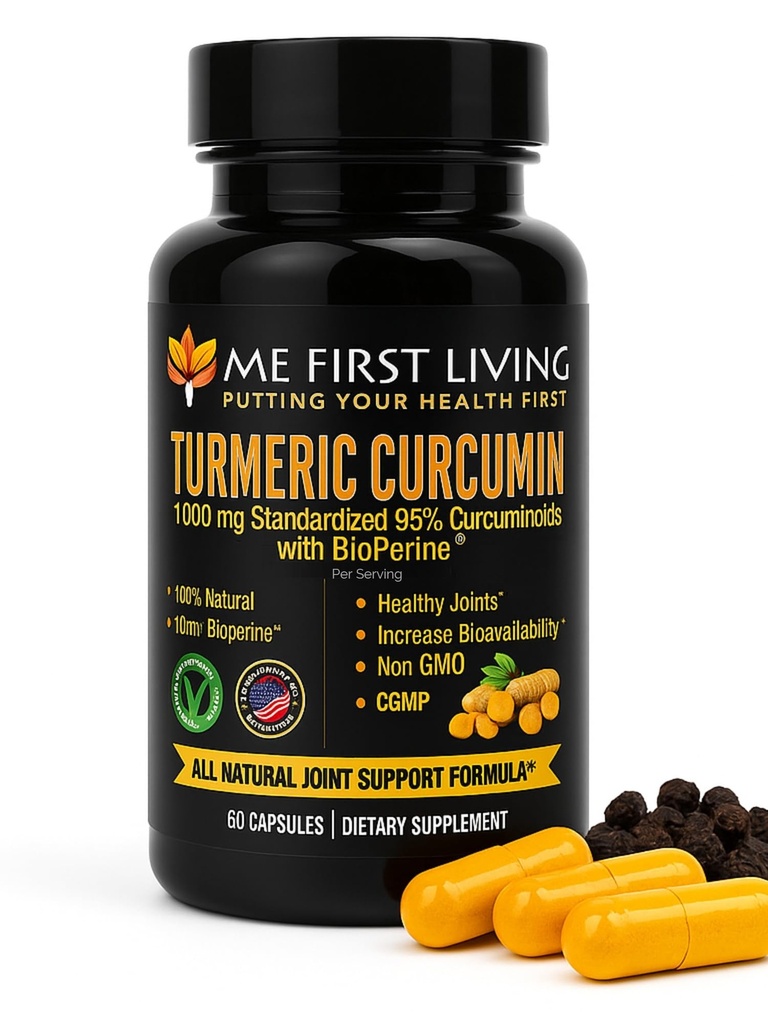 Me First Living Turmeric Curcumin 1000 mg 95% Curcuminoides, Bioperina 10 mg, 19x Más Potent Than Others, Aumento de Absorción, No GMO, Turmeric orgánica, Vegan, Gluten Free, 60 cápsulas