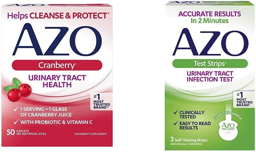 AZO AZO AZO AZO suplemento de salud urinaria, 1 servicio = 1 vaso de jugo de arándano, 50 tabletas + infecciones urinarias (UTI) test Strips, resultados exactos en 2 minutos, clínicamente probado, 3 cuenta