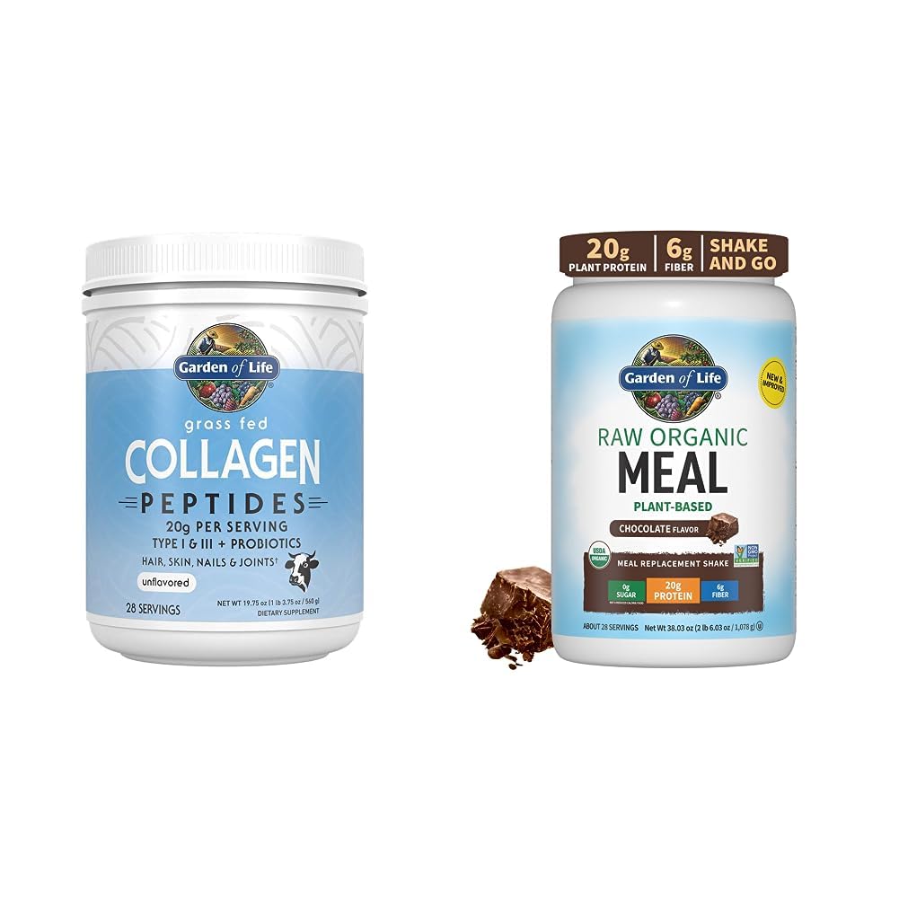 Garden of Life Grass Fed Hydrolyzed Collagen Protein Suplementos Peptides Powder, 19.75 Oz & Tasty Organic Chocolate Meal Replacement Shake Vegan 20g
