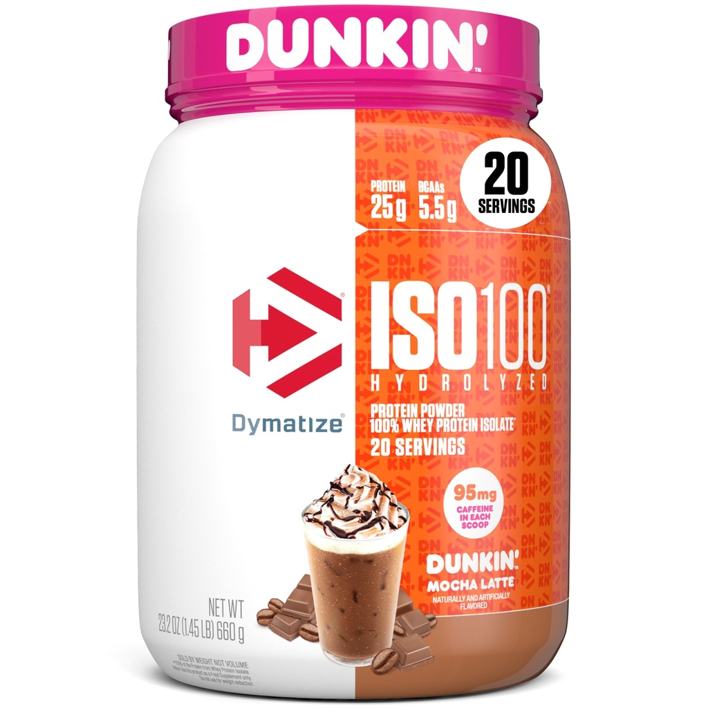 Dymatize x Dunkin' Mocha Latte ISO100 Whey Protein Powder, 95mg Caffeine, 25g de Protein, 5.5g BCAAs, 120 Cal., Gluten Free, 1g Fat, 1g Sugar, 3g Carb (20 Servings)