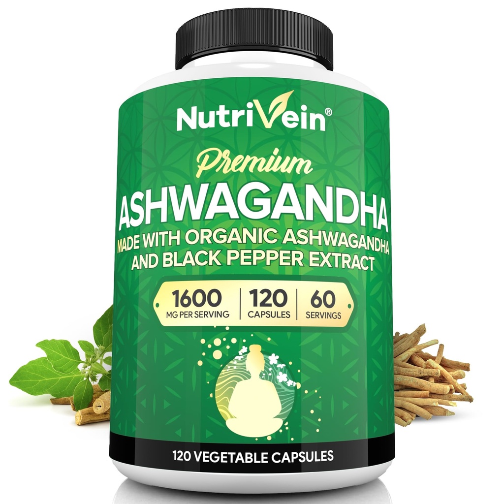 Nutrivein Ashwagandha for Men ' Women - 1600mg - Mejorado con el Pepper Negro - Alto-Absorption Root Powder Ashwagandha Suplementos para Mood Balance, Descanso sueño, " Focus - 120 cápsulas Vegan