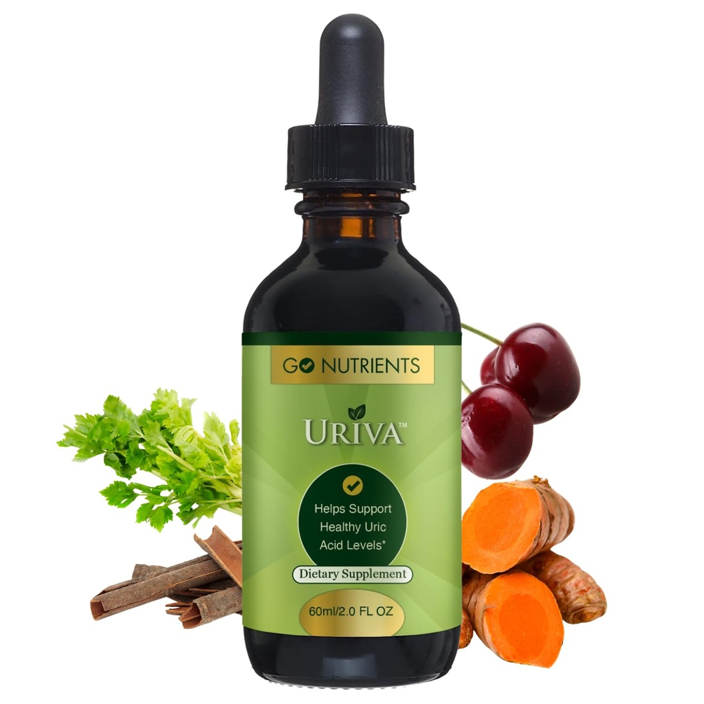 Go Nutrients Uriva - Advanced Uric Acid Flush Cleanse with Tart Cherry Extract Celery Seed, Turmeric &amp; More - High Absorption Liquid Drops Supplement for Joints and Kidney 2.0 oz.
