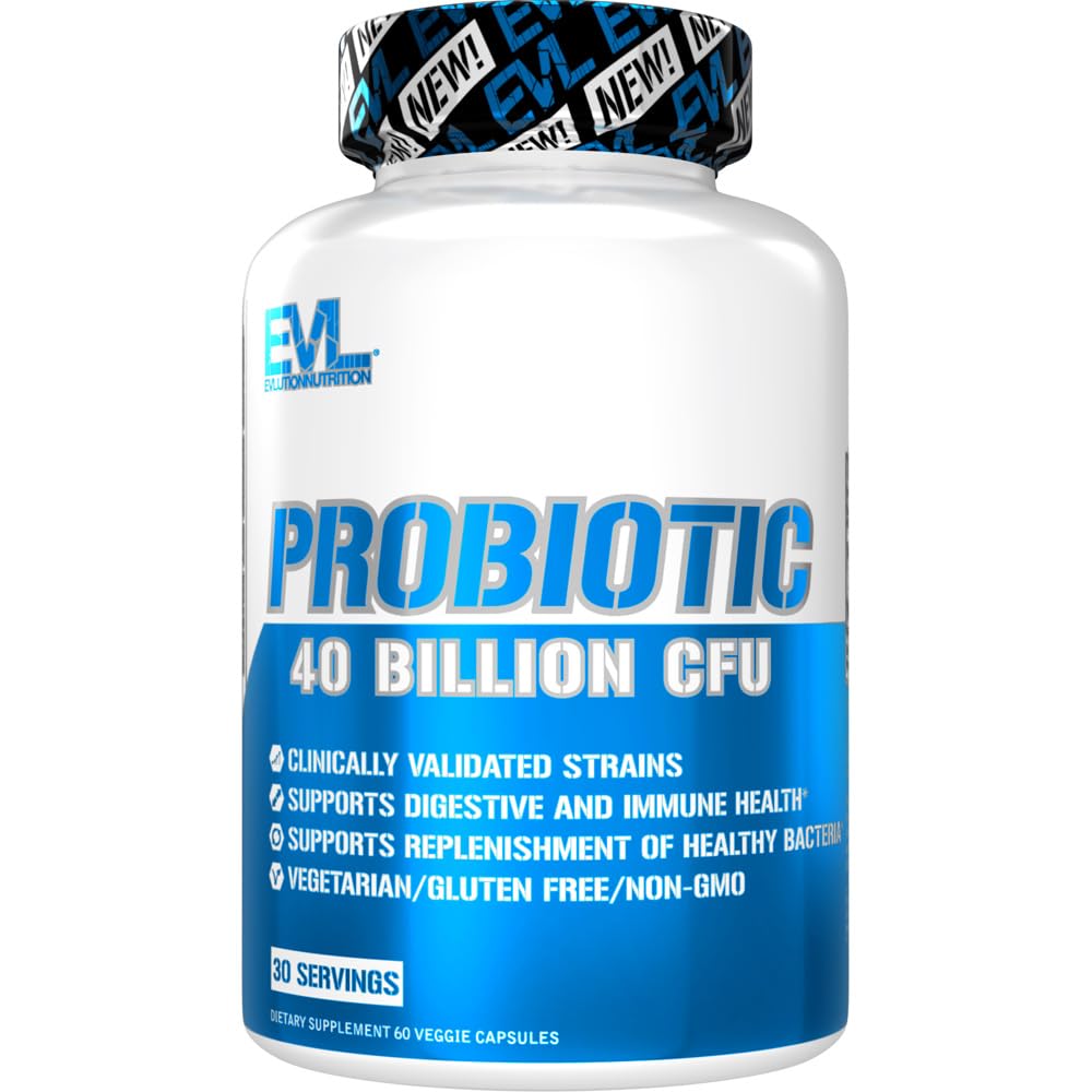 Evlution Nutrition Probiotic - 40 Billion CFU - Supports Digestive + Immune Health - Suplemento Probiótico para Hombres y Mujeres - Vegetariano, Gluten Gratis &amp; No GMO - 30 Servings - 60 Veggie Capsules