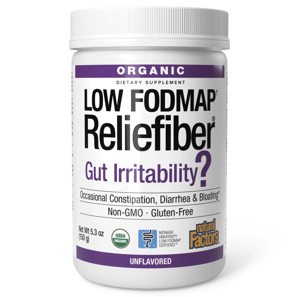 Natural Factors Organic Low FODMAP Reliefiber Powder - Digestive Health Support Supplement with Dietary & Soluble Fiber - Gut Health Support Aids Mild Bloating - Unflavored, 5.3 oz (30 Servings)
