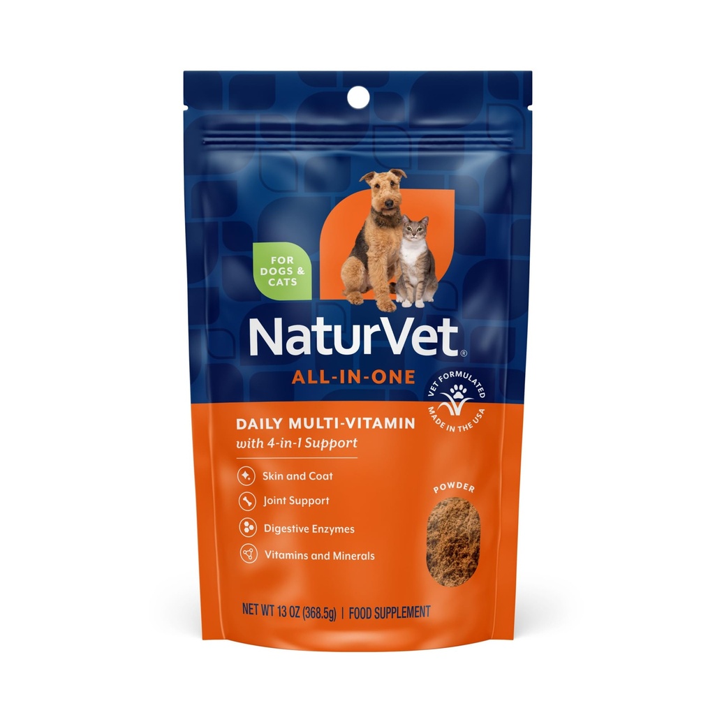 Suplemento de perros NaturVet All-in-One - para soporte conjunto, digestión, piel, cuidado de la carne – Multivitaminas de perros con minerales, Omega-3, 6, 9 – Vitaminas sin trigo para perros – 13-Once Polvo