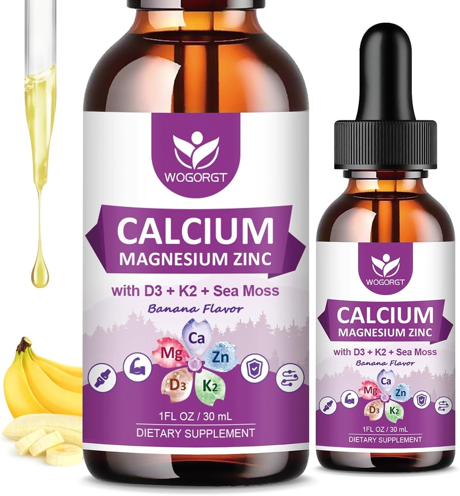 Citrato de calcio 1000 mg con vitamina D3 para hombres de mujeres - Líquido de calcio Magnesio Zinc D3 K2 Suplemento de Bone, Apoyo a los dientes, Libre de azúcar, Vegan, Banana Flavor - 1 Fl Oz (2 Pack)