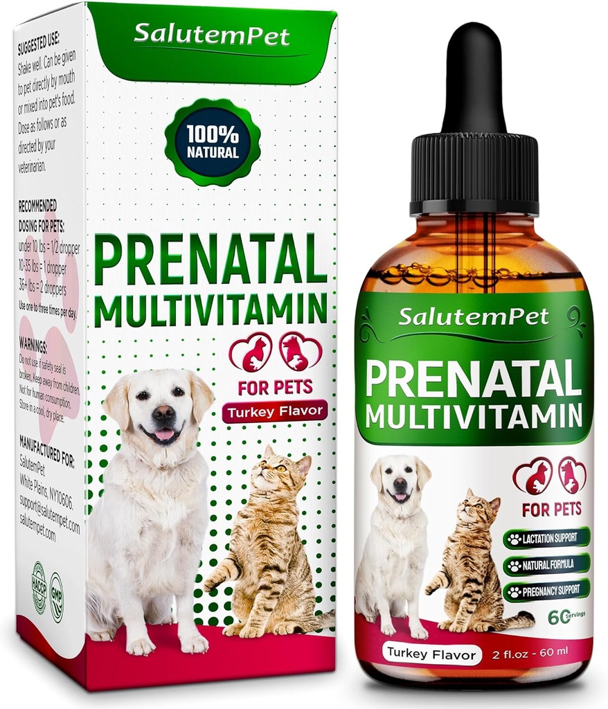Vitaminas prenatales para perros durante la lactancia – Vitaminas prenatales para perros y gatos de todas las razas para cuidar el desarrollo de mascotas – Multivitamina para gatos – 2 Oz – Suplemento herbal para mascotas