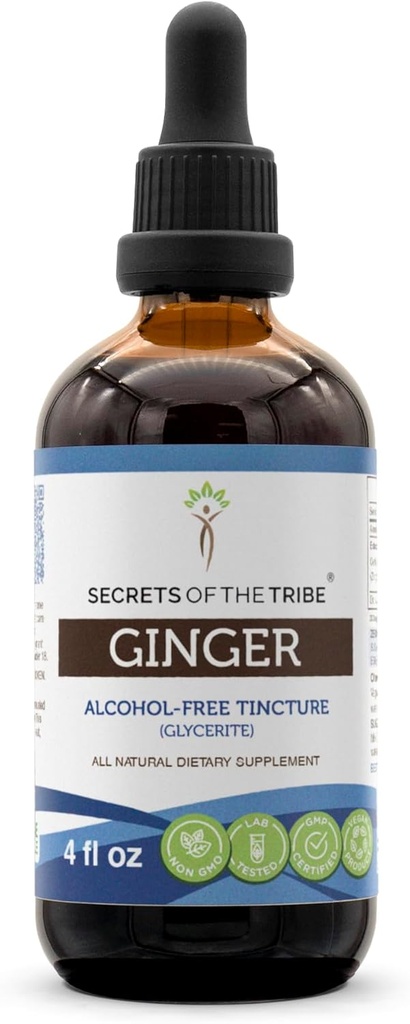 Secretos de la tribu Ginger Tincture Extracto libre de alcohol, Ginger (Zingiber officinale) Root 4 OZ