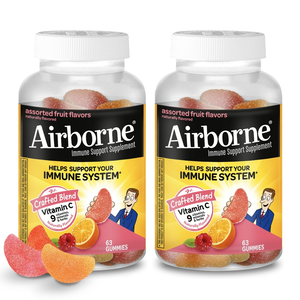 Airborne 750mg Vitamina C Gummies for Adults, Immune Support Gummies with Powerful Antioxidants VIT C &amp; E, Caffeine Free - 2x63ct Bottle (42 Servings), Assorted Fruit Flavor