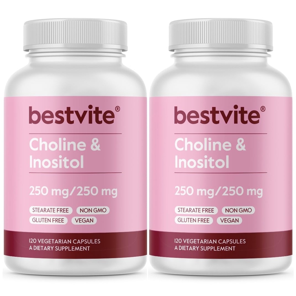 BESTVITE Choline Inositol 500mg (240 cápsulas vegetarianas) (120 x 2) - Sin estearatos - sin fosfato de dicalcium - No Fillers - Vegan - No GMO - Gluten Gratis
