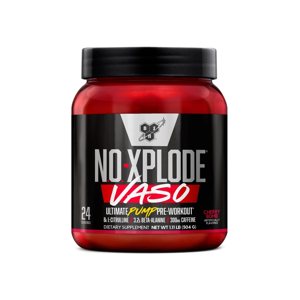 BSN N.O.-XPLODE Vaso Pre Workout Powder con 8g de L-Citrulline y 3.2g Beta-Alanine y Energía, Sabor: Cherry Bomb, 24 Servings