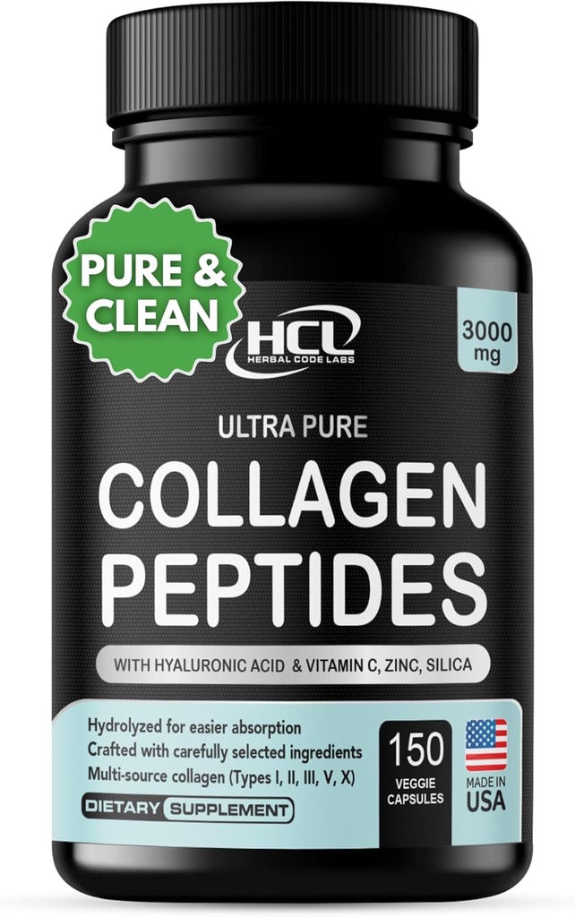 Péptidos de colágeno Polvo con vitamina C & Ácido - Fuentes más limpias Super alta absorción - Multi hidrolizado tipo I, II, III, V, X - Suplemento de pelo de piel (Capítulos)