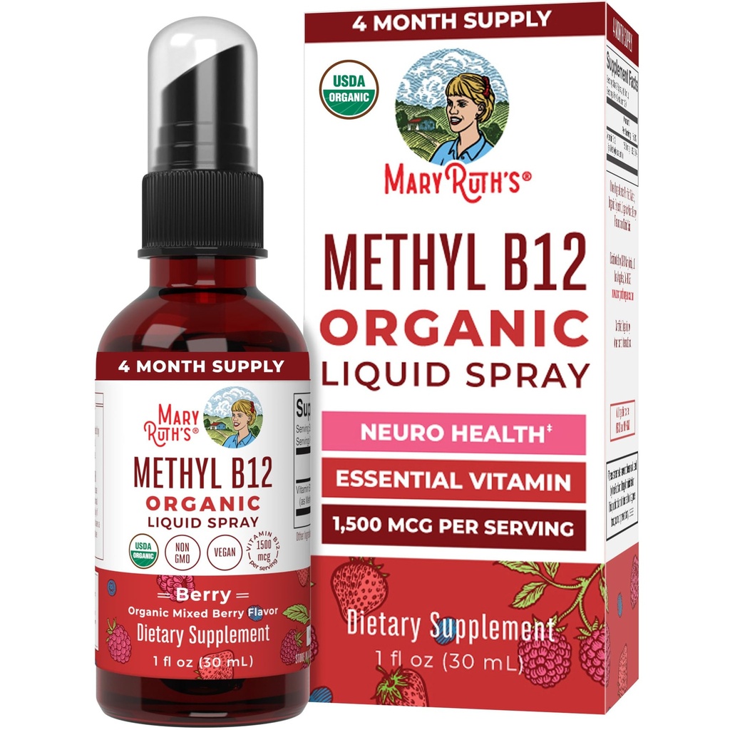 MaryRuth Organics Vitamina B12 Liquid Spray Silencio Vegan, Non-GMO, Gluten-Free TEN USDA Suplemento Orgológico Silencio Energía " Nervous System Support ← B12 Vitaminas para Mujeres " Hombres Silenciosos 1.500 mcg Silencio 1 Fl Oz