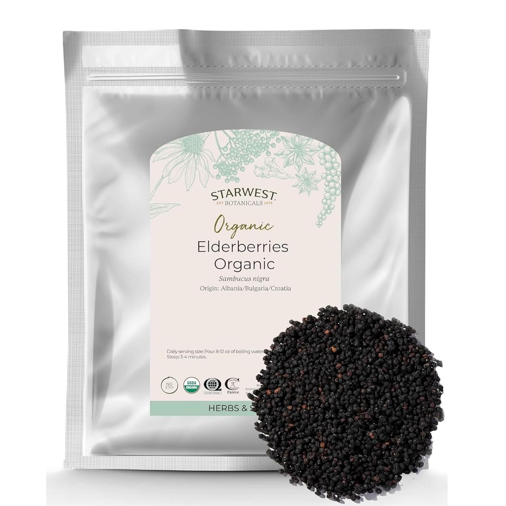 Elderberries Ecológicos de Starwest - Elderberries secos para Syrup, Té, Gummies, " Jam, Natural Immune Support, Certified Kosher, Non-GMO - Bulk 1 lb Bag