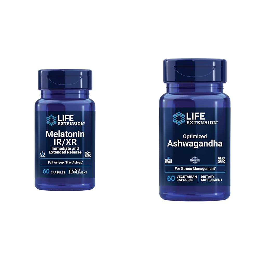 Extensión de la vida Melatonin IR/XR &amp; Optimized Ashwagandha - Sleep, Stress Relief, Focus, Memory - 60 cápsulas
