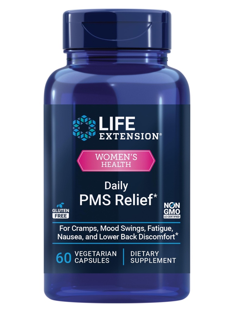 Life Extension Daily PMS Relief, Menstrual Comfort Supplement, PMS-Related Cramps, Lower Back incomodidad, Mood, Ginger, Magnesium, B6, Gluten-Free, Non-GMO, 60 cápsulas