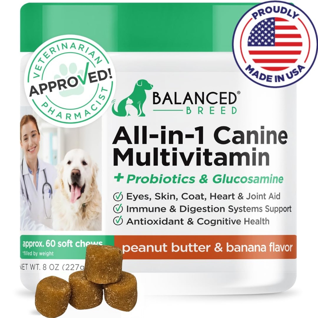 Equilibrio de la raza All-in-1 Dog Vitamins Suplementos Hecho en EE.UU. Vet-Pharmacist Aprobado Perro Multivitamina Probióticos Glucosamine Chondroitin Perros Salmon Oil Skin Coat Immune Senior Dogs Suplemento No GMO