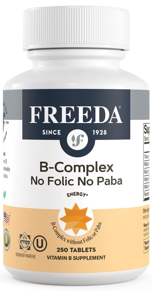 Complejo Freeda Vitamina B No Folic No PABA - Complejo Super B Kosher Vitamina Suplemento con Vitamina B1 Vitamina B2 Vitamina B5 Vitamina B6 Vitamina B12 - Complejo Vit B para Hombres (250 Ct)