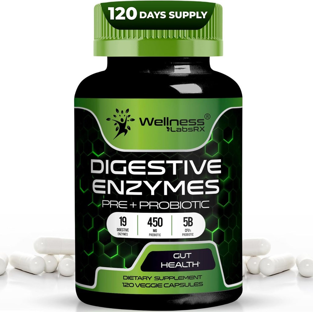 Enzimas digestivas con probióticos y prebióticos, 450mg, 5 millones de CFUs - Pure Super Digestion Capsules - Enzimas digestivas para hombres de mujeres Apoyo Digestión " Salud Gut - 120 Cuenta