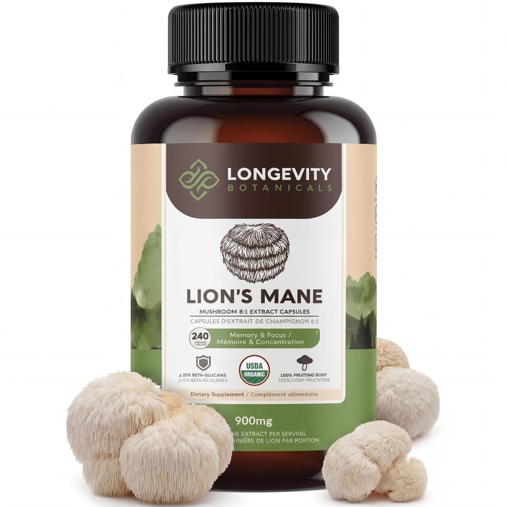 Longevity Botanicals Lion’s Mane Mushroom Extract Capsules (240) ← Concentrado 8:1 Ratio tención 100% Fruiting Bodies  Hericium Erinaceus Suplemento Nootropic para Focus, Memory &amp; Brain Support