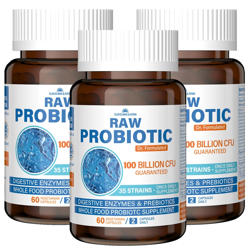 Probióticos crudos para Mujeres y Hombres - 100 Billones CFU, 35 Strains, Prebióticos Orgánicos " Enzimas Digestivos Naturales para la Salud Digestiva, Gut &amp; Immune - Soy y Gluten Libre, No GMO, 180 cápsulas Vegan