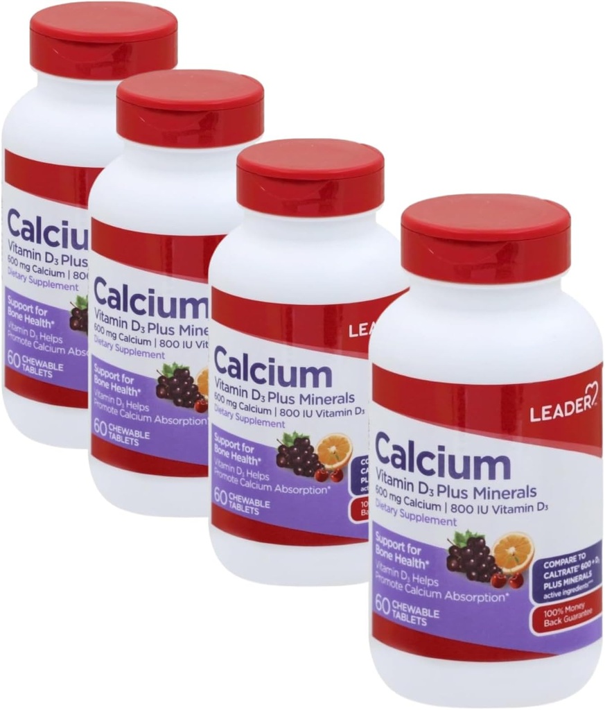 Líder Calcio Vitamina D3 Plus Minerales, Suplemento de Bone Health con Magnesio & Zinc, soporta huesos fuertes " dientes, absorción mejorada, cereza, sabor a naranja " frutícola, 60 Tabs Chewable 4-Pack