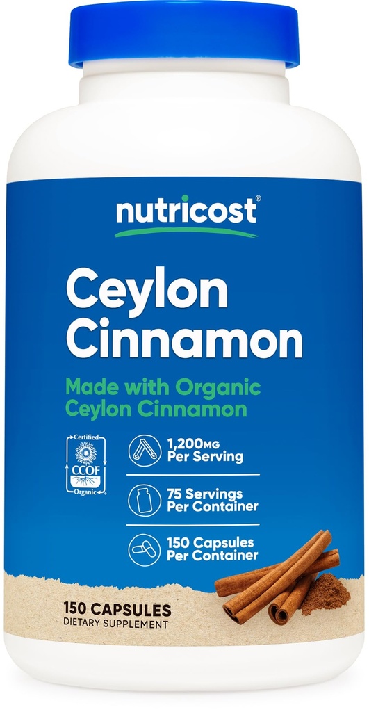 Nutricost Organic Cinnamon (Ceylon Cinnamon) 1.200mg Serving, 150 cápsulas - Gluten Free, Non-GMO