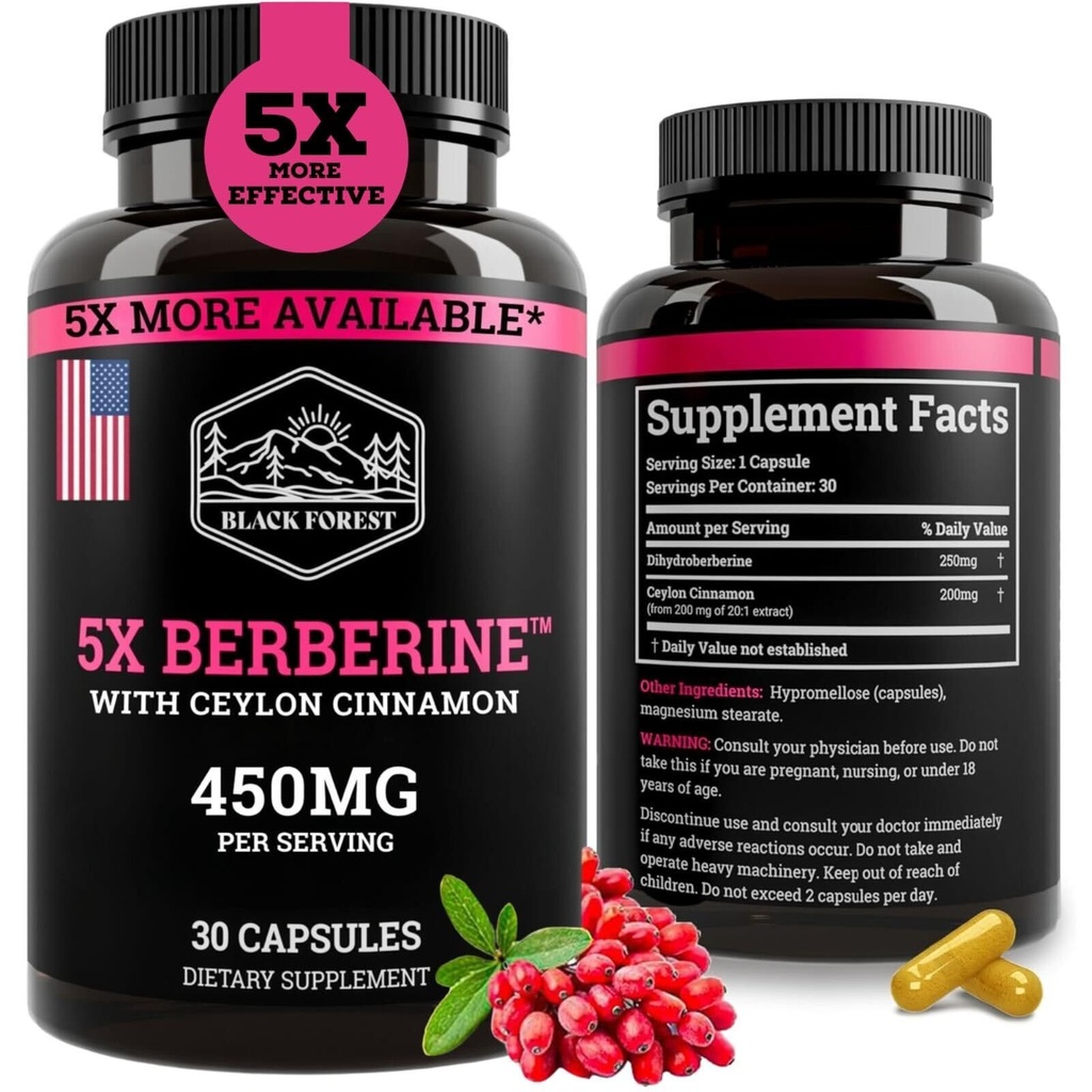 Bosque Negro 5X Berberine a Dihydroberine Suplemento (Super Berberine Now 5X Más Eficaz que la bereberina regular HCL) Mejor dihidroberina con canela de Ceylán - Similar a Fitooma de Berberina