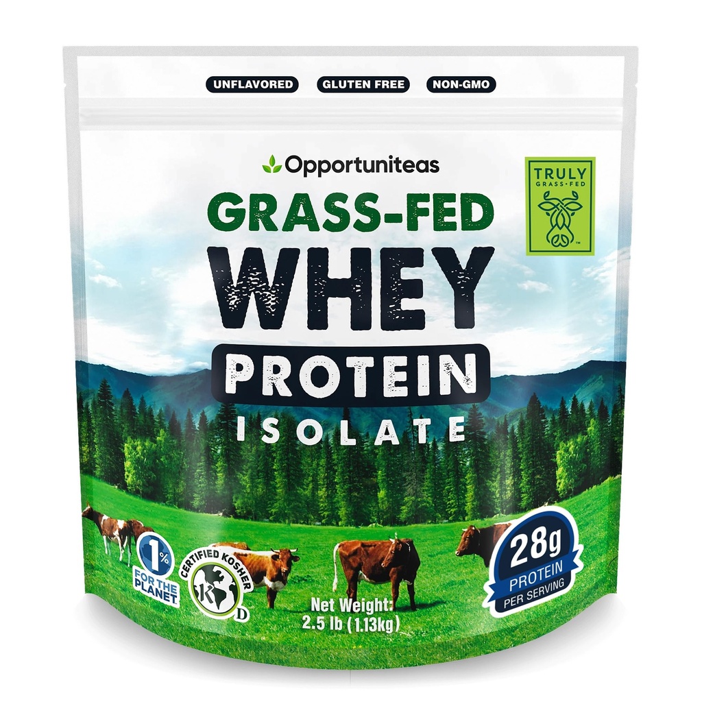 Opportuniteas Grass Fed Whey Isolate Protein Powder - Unflavored 28g Protein Powder Sin Sweeteners artificiales, Vacas sin hormonas, No GMO - 2.5lb