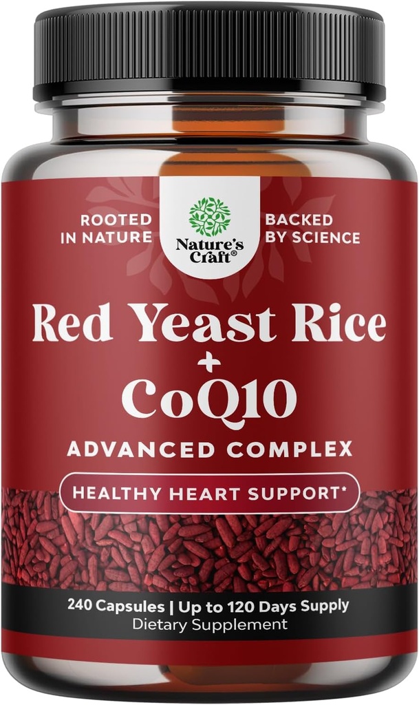 Rice de levadura roja con suplemento CoQ10 - Advanced Healthy Heart & Healthy Cholesterol Levels Formula for Men & Women - Extra Strength Capsule with Red Yeast Rice 1200 mg Capsules with CoQ10-240 Count