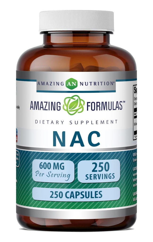Fórmulas increíbles NAC (N-Acetyl-L-Cysteine) Suplemento TEN 600 Mg por Serving Silencio 250 Capsules ← Non-GMO TEN Gluten Free TEN Made in USA