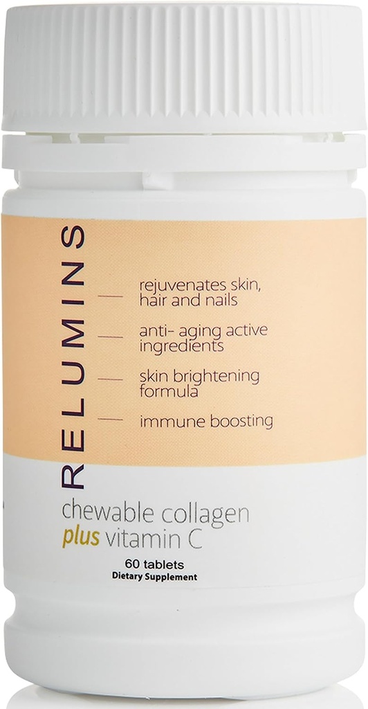 Suplementos de Relumins Collagen para Mujeres &amp; Hombres Collagen Chewable with Silk Peptide, Hyaluronic Acid, CoQ10, " Vitamina C " E - 60 Peach-Flavored Collagen Supplement Tablets per Bottle