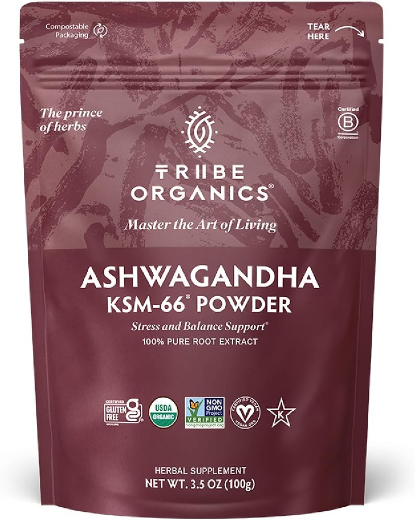 TRIBE ORGANICS KSM-66 Ashwagandha Root Extract Powder Ayurvedic Herb for Mood Support ← Incrementar la energía TENIDO Strength - Orgánica Silencio Natural TEN Gluten Gratis ANTE NO GMO TEN Full-Spectrum - 100g Pouch