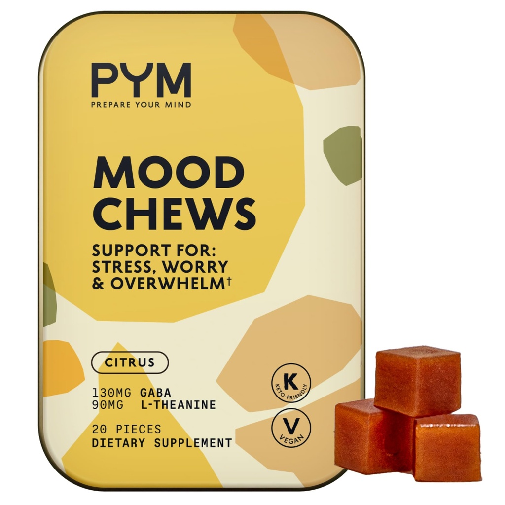 PYM Citrus Mood Chews Support for Stress, Worry &amp; Overwhelm, 20 Count TEN 130mg GABA, 90mg L-Theanine ← Vegan, Non-GMO, Gluten-Free, No Añadido Sugar ← All-Natural Mood Balance Supplement Made in USA