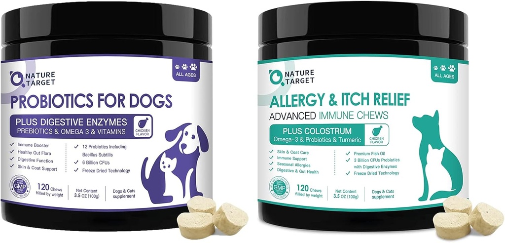 NATURE TARGET Probiotics for Dogs, with Prebiotics & Digestive Enzymes, Vitamins &amp; Omega 3 for Allergy Itch Relief, Reduce Diarrhea, Gas, Stop Pawlicking, Hot Spots, Shedding