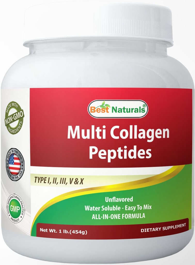 Mejores Naturales Múltiples Péptidos de colágeno Proteína Tipo I, II III, V & X Collagen des saborear 1 Libra - Grass Fed & Pasture Raised - Agua Soluble - Fácil de mezcla