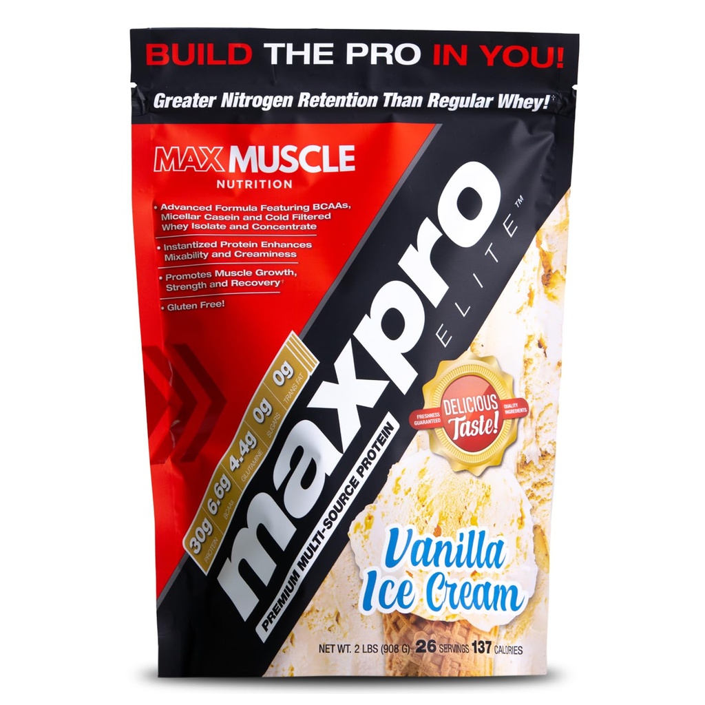 Max Muscle Maxpro Elite Whey Protein Powder ← 30g Protein Silencio 0g Azúcar ← Micellar Casein Cold Filtrado Whey Isolate Protein ← Promociona el crecimiento muscular y la recuperación (Vanilla Ice Cream 2lb)