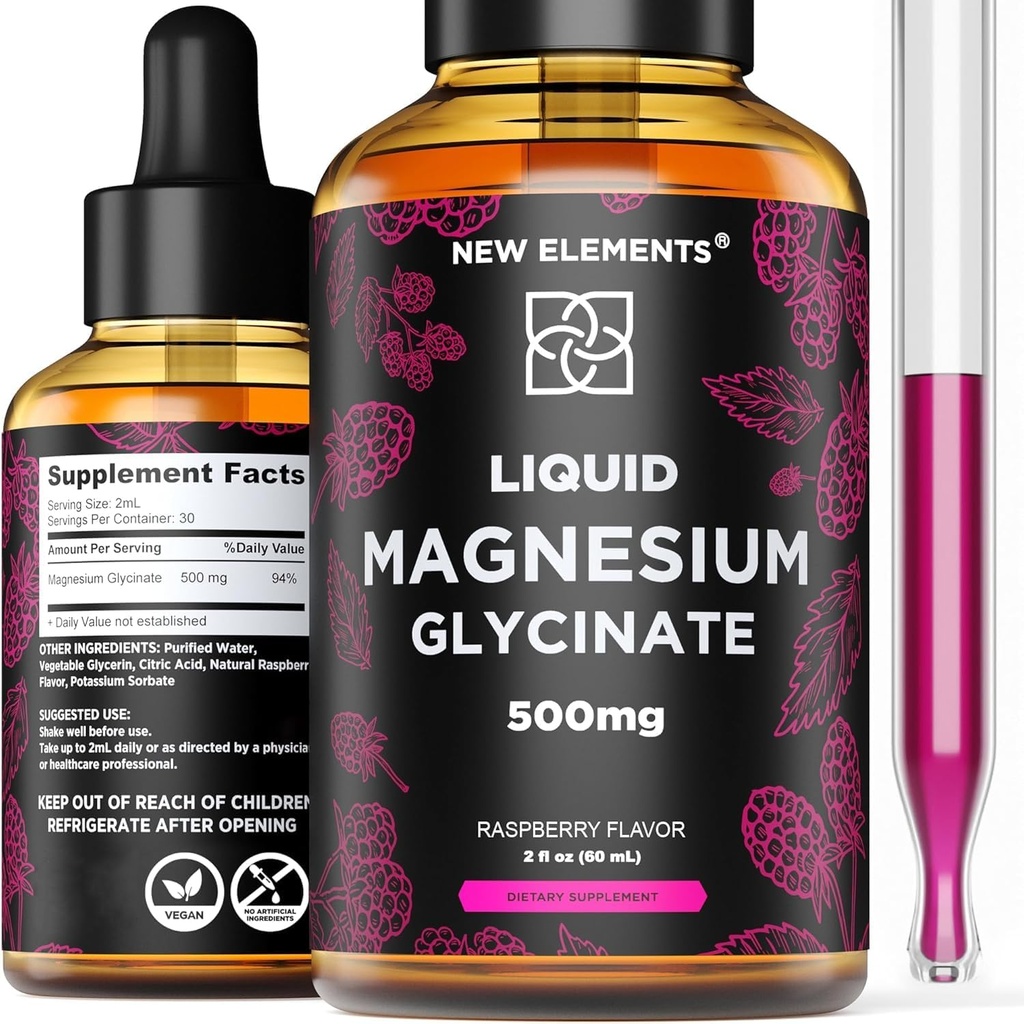 Suplemento Glycinate de Magnesio Líquido 500mg para Adultos y Niños Silencioso Magnesio Gotas Glycinate con Delicious Raspberry Flavor ANTE High Absorption ← Non-GMO ANTE Gluten Free TEN Natural & Vegan