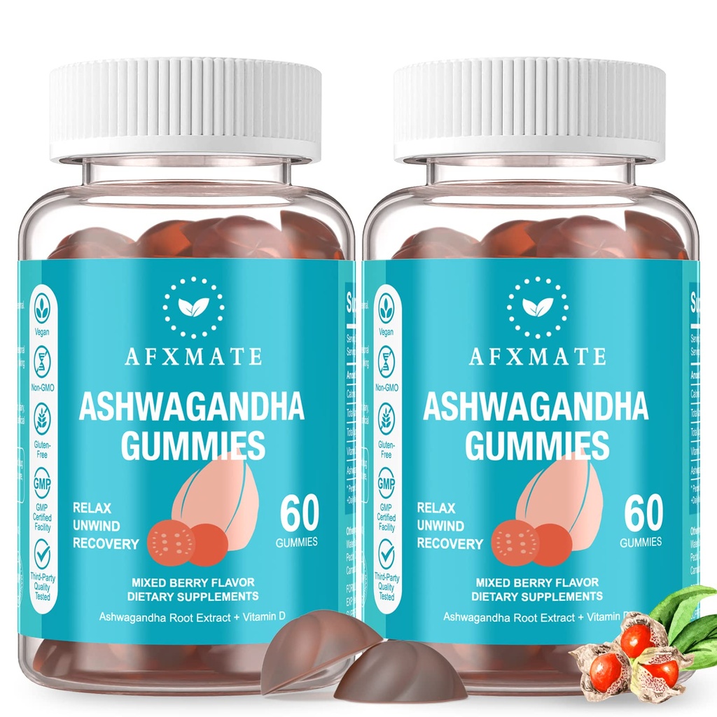 AFXMATE Ashwagandha Gummies & vitamina D Gummies for Men &amp; Women 120 Count Aswangdha Supplement (Non-GMO, Sugar Free &amp; Gluten Free)