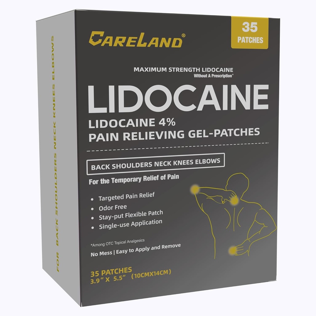 CARELAND 4% Lidocaine Gel Patch, 35 Conde Maximum Strength Pain Patches for Muscle Relief in Neck Knee Back and Hoers Unscented Numbing Patch for Soothing Nerves, Joints