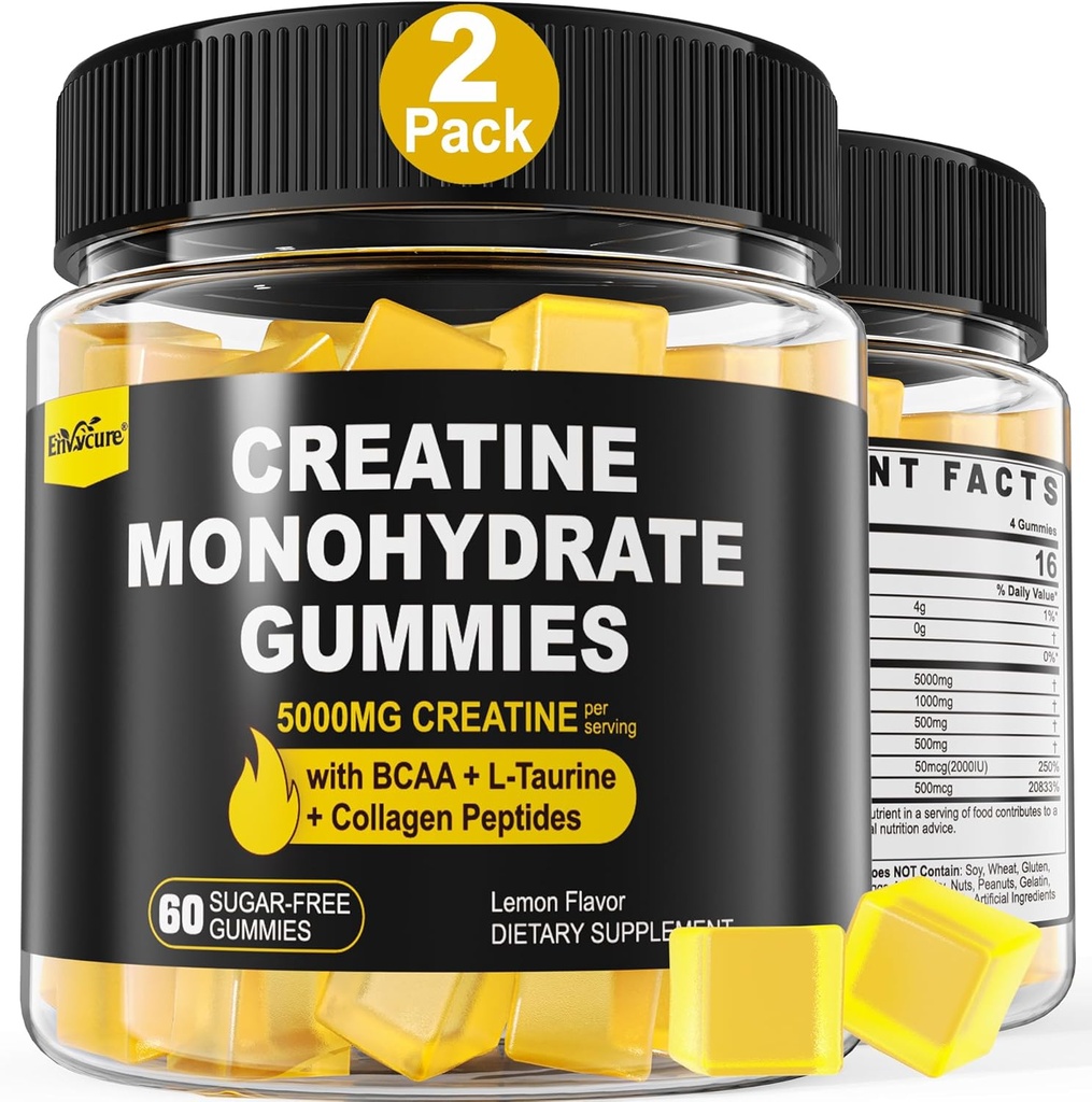 Gummies de Monohidrato de Creatina para Mujeres Hombres - con BCAA, Peptides de Collagen, L-Taurina, Vitamina B12, D3, Chewables Monohydrate 5g Por Serving, Sabor de limón natural, Sugar Gratis, 2 Pack