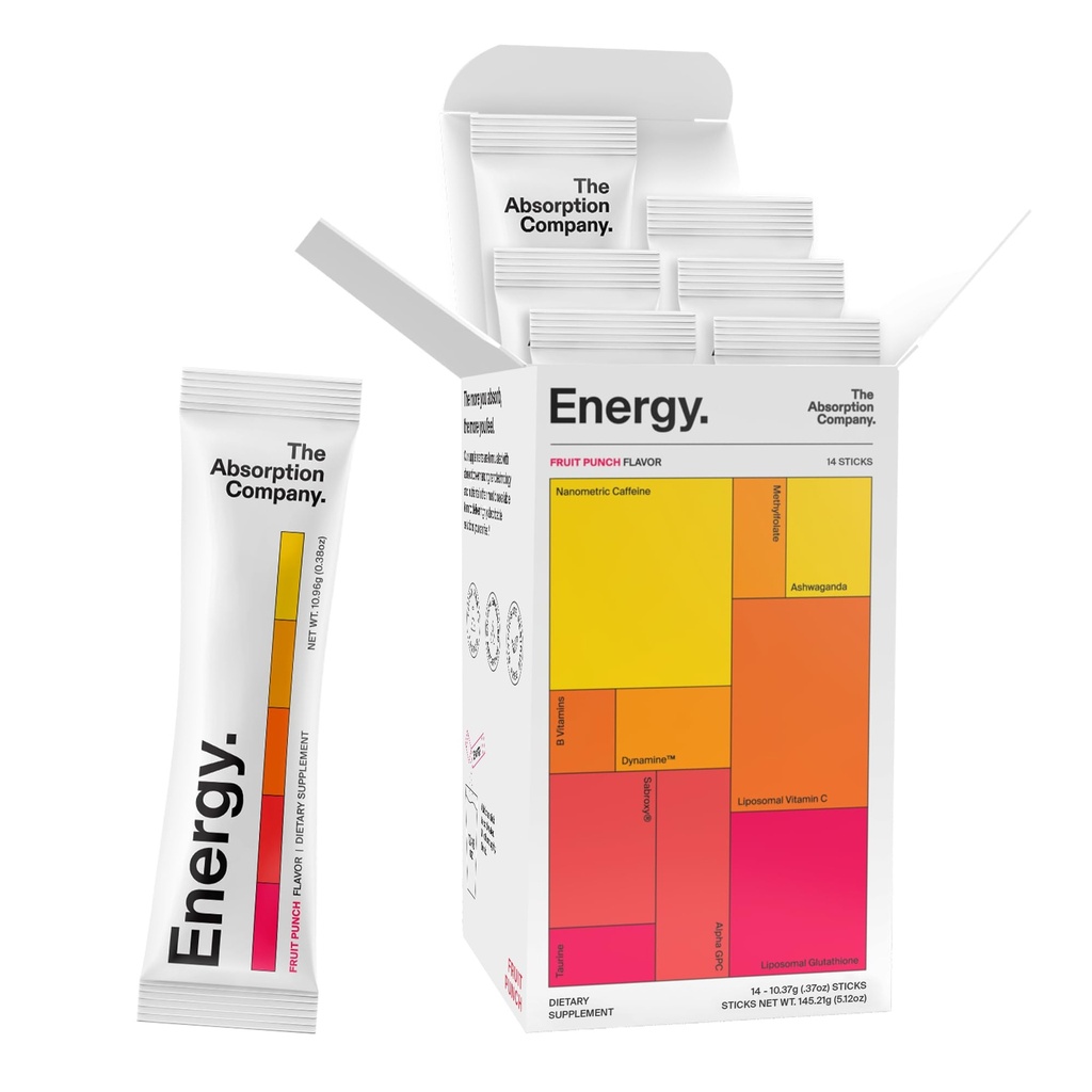The Absorption Company Energy Drink Powder Mix Packets – Clean Energy Booster to Support Alertness with 150mg Natural Caffeine & Vitamin C – Fruit Punch Flavor, 14 Sticks