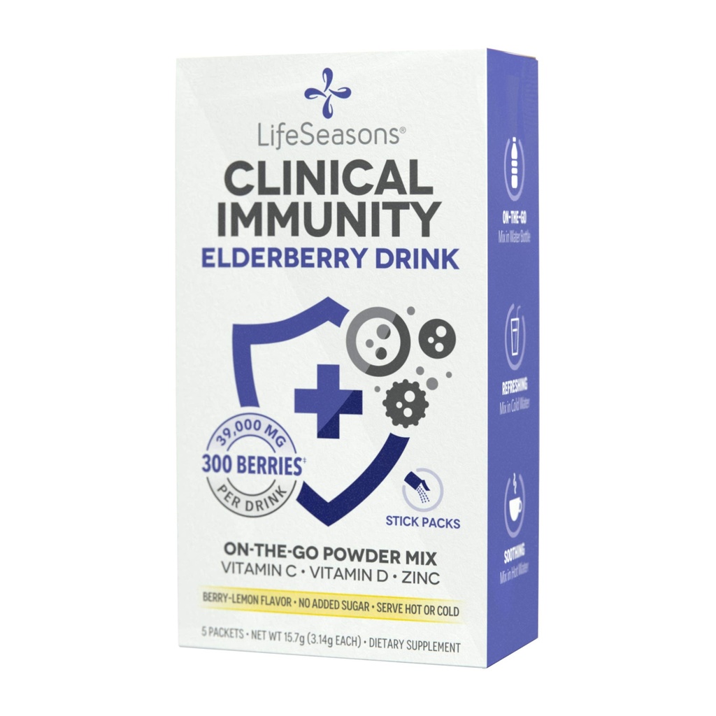 LifeSeasons Clinical Immunity - Elderberry Drink Mix - Protects & Fights for Healthy Immune Response - Immunity Booster - 3X Better Than Vitamin C - Serve Hot or Cold - Vitamina C + D + Zinc - (5 Pack)